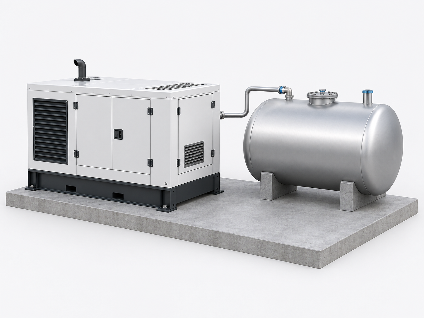 3D illustration of a diesel generator beside a fuel storage tank